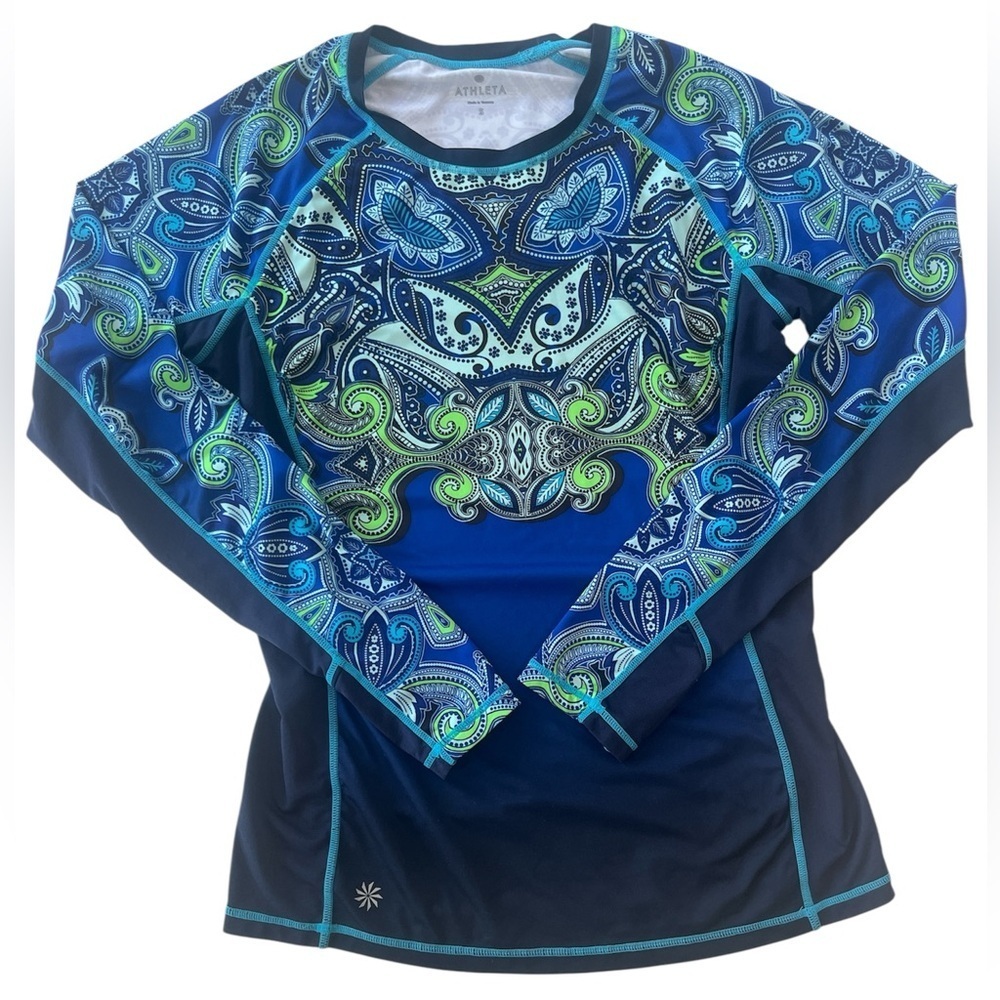 Athleta Runaway Long Sleeve Paisley Blue Green Top Sz: S - Picture 4 of 9